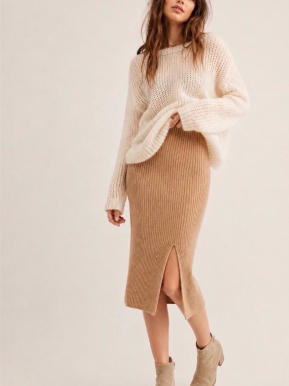 Free People Ribbed Knit Midi Skirt with Front Slit taupe M